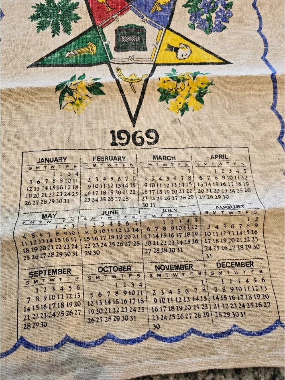 1969 Order of the Eastern Star Masonic Fabric Stevens Towel Linen Calendar